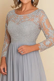 Zilveren A Line Scoop Chiffon Moeder van de Bruid Lange Jurk met Lace Appliques