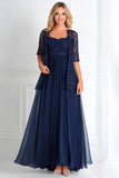 Elegante Marine A Line Boat Neck Chiffon Lace Applique Lange Moeder Van de Bruid Jurk met 3/4 Mouwen