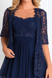 Elegante Marine A Line Boat Neck Chiffon Lace Applique Lange Moeder Van de Bruid Jurk met 3/4 Mouwen