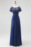 Navy Lange A-Line Boothals Kant Appliques Chiffon Moeder Van De Bruid Jurk Met Korte Mouwen