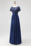 Navy Lange A-Line Boothals Kant Appliques Chiffon Moeder Van De Bruid Jurk Met Korte Mouwen