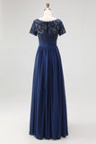 Navy Lange A-Line Boothals Kant Appliques Chiffon Moeder Van De Bruid Jurk Met Korte Mouwen