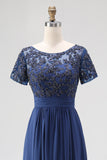 Navy Lange A-Line Boothals Kant Appliques Chiffon Moeder Van De Bruid Jurk Met Korte Mouwen