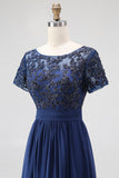 Navy Lange A-Line Boothals Kant Appliques Chiffon Moeder Van De Bruid Jurk Met Korte Mouwen