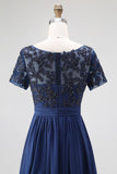 Navy Lange A-Line Boothals Kant Appliques Chiffon Moeder Van De Bruid Jurk Met Korte Mouwen