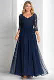 Elegante Navy V-hals A-lijn chiffon lange moeder van de bruid jurk met 3/4 mouwen