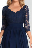 Elegante Navy V-hals A-lijn chiffon lange moeder van de bruid jurk met 3/4 mouwen