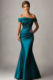 Peacock Blue Mermaid Off The Shoulder Ruched Satijnen Formele Jurk