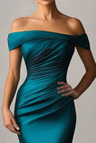 Peacock Blue Mermaid Off The Shoulder Ruched Satijnen Formele Jurk