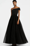 Sprankelende One Shoulder Black A Line Beaded Tule Lange Formele Jurk