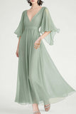 Dusty Sage A Line V-hals chiffon engelenmouwen formele jurk