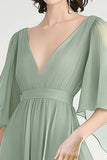 Dusty Sage A Line V-hals chiffon engelenmouwen formele jurk