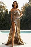 Gouden Off The Shoulder Schede Metallic Satijnen Prom Dress Met Split