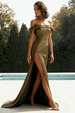 Gouden Off The Shoulder Schede Metallic Satijnen Prom Dress Met Split