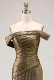 Off The Shoulder Metallic Gouden Schede Prom Jurk Met Split