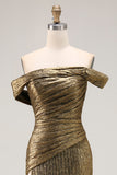 Gouden Off The Shoulder Schede Metallic Satijnen Prom Dress Met Split