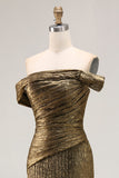 Gouden Off The Shoulder Schede Metallic Satijnen Prom Dress Met Split