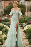 Mint Chiffon Cold Shoulder Appliques Ruffle Prom Dress met Split