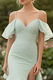 Mint Chiffon Cold Shoulder Appliques Ruffle Prom Dress met Split