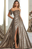 Gouden glitterstof A Line One Shoulder geplooide galajurk met split