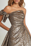 Gouden glitterstof A Line One Shoulder geplooide galajurk met split