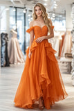 Organza Lace Oranje A Line Off The Shoulder Gegolfde Lange Galajurk