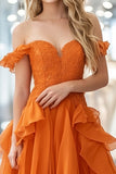 Organza Lace Oranje A Line Off The Shoulder Gegolfde Lange Galajurk