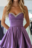 Plum Taffeta Sweetheart A Line gegolfde geplooide lange galajurk