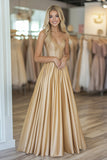 Gouden satijn Sweetheart A Line Ruched Prom jurk met kralen