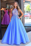 Blauwe Organza Lace Scoop Neck Princess Prom Dress met Appliques