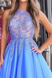 Blauwe Organza Lace Scoop Neck Princess Prom Dress met Appliques