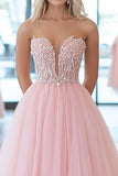 Sprankelende roze baljurk Sweetheart tulle lange galajurk met appliques