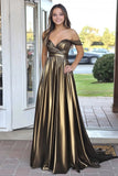 Metallic Zwart Gouden Off The Shoulder A Line Geplooide Galajurk