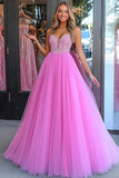 Prinses Roze A Line Tule Galajurk met Appliques