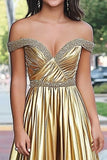 Sprankelende gouden Metallic A Line Off The Shoulder Ruched Prom Dress met kralen