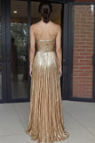 Gold Sweetheart Metallic A-lijn geplooide lange galajurk