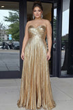 Gold Sweetheart Metallic A-lijn geplooide lange galajurk