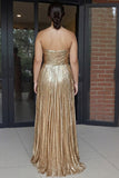 Gold Sweetheart Metallic A-lijn geplooide lange galajurk