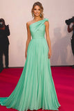 A Line One Shoulder Mint Lange Galajurk met Ruches