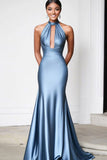 Schede Grijs Blauw Halter Strapless Gala Bal Jurk