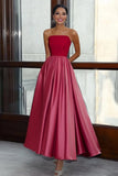 A Line Rechte Strapless Satijn Rood & Roze Lange Gala Bal Jurk