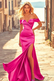 Fuchsia Zeemeermin Off The Shoulder Satijnen Galajurk