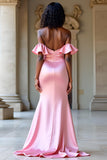 Elegante Off The Shoulder Roze Satijnen Lange Galajurk met Split