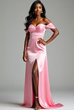 Roze Off the Shoulder schede satijnen gerimpelde Prom jurk met split