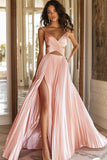 A Line Pink Pleated V Neck Prom Dress with Slit