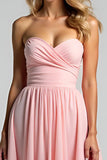 Chiffon Roze Sweetheart A Line Gerimpelde Bruidsmeisjesjurk