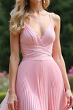 Geplooide A Line Chiffon roze bruidsmeisjesjurk