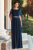 Chiffon A Line Capelet Navy Moeder van de Bruid Jurk met Kralen Taille