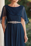 Chiffon A Line Capelet Navy Moeder van de Bruid Jurk met Kralen Taille