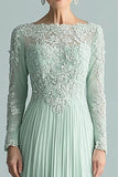 Elegante Mint Moeder van de Bruid Lange Mouw Appliques Jurk met Kant